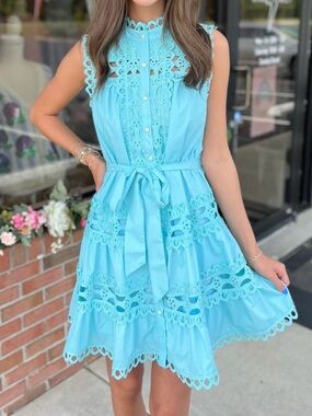 NWT Sleeveless Eyelet Tie-Waist Mini Dress in Aqua Blue
